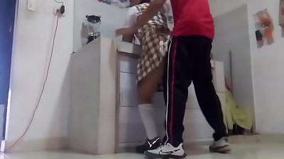 I nail MY CLASSMATE IN THE KITCHEN BUT MY cock DEVIATES AND finishes UP STUCK IN HER bootie UNTIL IT'S filled WITH jism