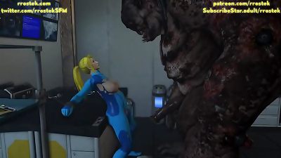 Samus Aran constrained and screwed by multiple hideous Creatures belly full salute 3 dimensional