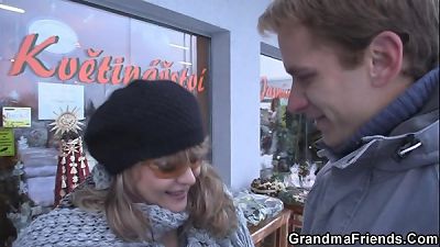 2 guys pick up senior and screw her stiff