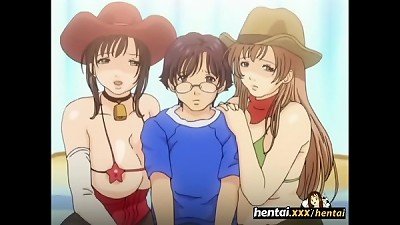 geek gets manmeat between busty babes bosoms - Boobalicious - Hentai.xxx