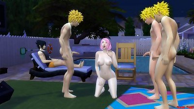 Sakura drilled by the clones of Naruto group sex in front of husband Sleeping cuckold
