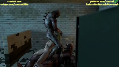 Sophitia from Soul Calibur drilled rock-hard by two monsters 3-dimensional toon