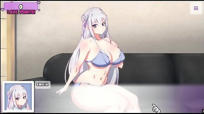 Waifu Hub [PornPlay Parody hentai game] Emilia from Re-Zero couch audition - Part1 very first time porno shooting for that harmless elf
